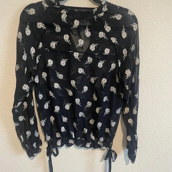 Rag & Bone Chiffon Sheer Floral Blouse Womens Extra Small Navy Tie Neck - Picture 2 of 8